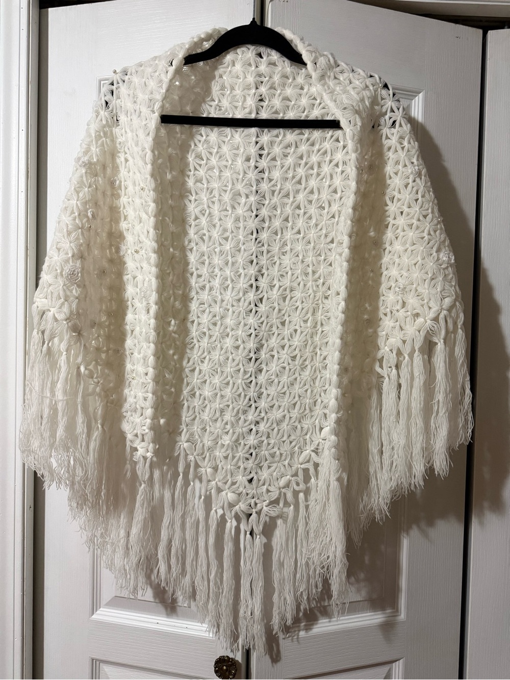 Vintage 70s Handmade Romantic Fringe Shawl with Flowers & Pearls in White